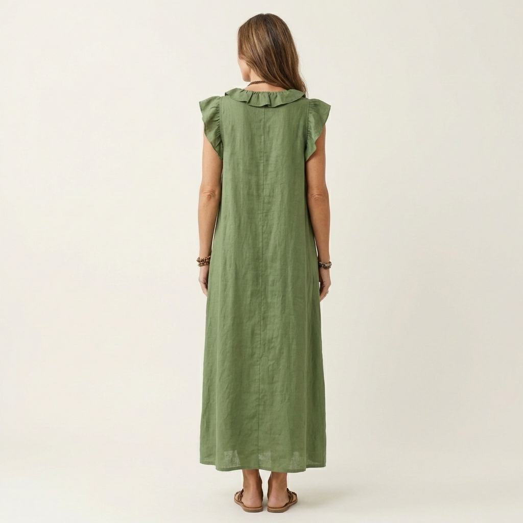Josette Leinen-Maxikleid mit Rüschen-V-Ausschnitt für Damen – im Look kombiniert