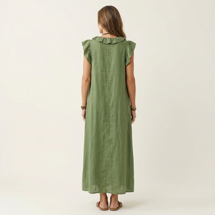Josette Leinen-Maxikleid mit Rüschen-V-Ausschnitt für Damen – im Look kombiniert