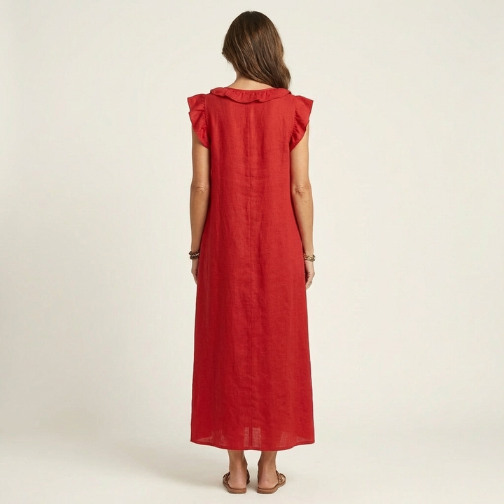 Josette Leinen-Maxikleid mit Rüschen-V-Ausschnitt für Damen – Detailansicht