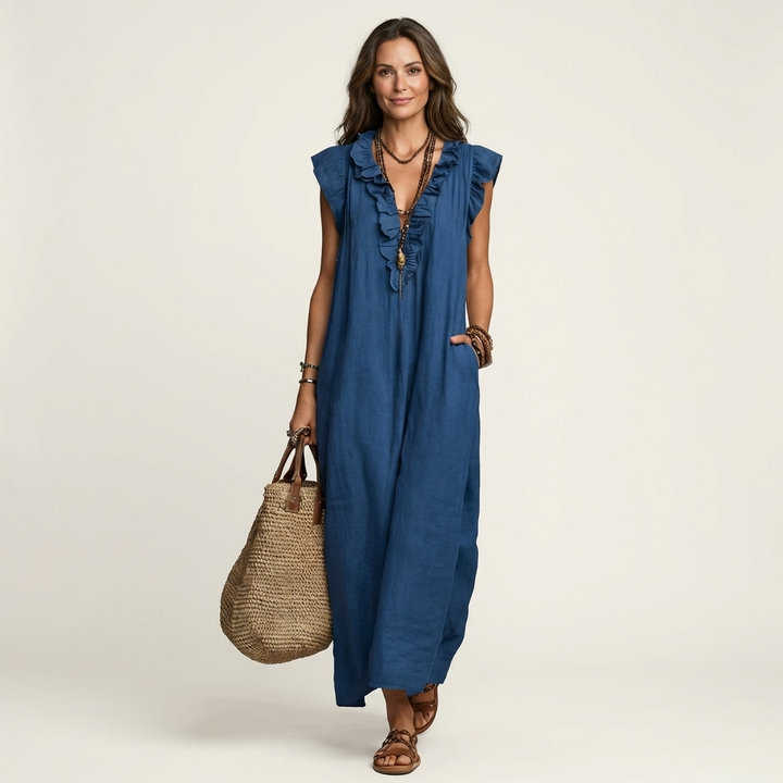 Josette Leinen-Maxikleid mit Rüschen-V-Ausschnitt für Damen – Materialdetail