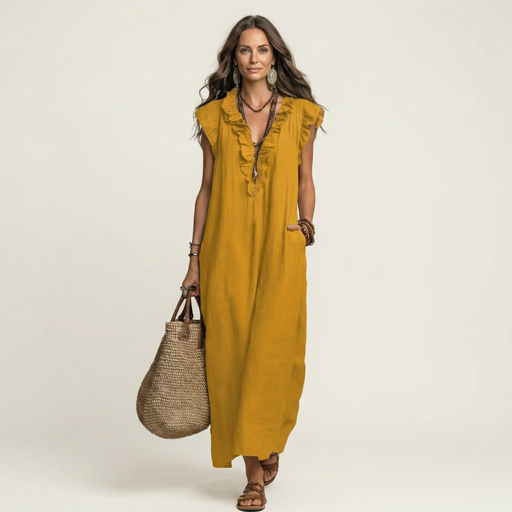 Josette Leinen-Maxikleid mit Rüschen-V-Ausschnitt für Damen – Ansicht 13