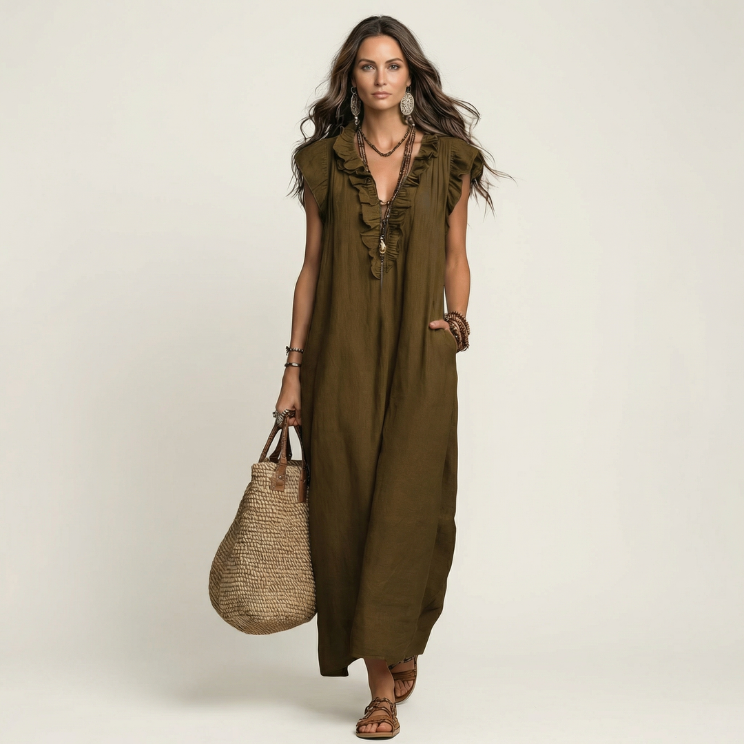 Josette Leinen-Maxikleid mit Rüschen-V-Ausschnitt für Damen – Ansicht 14