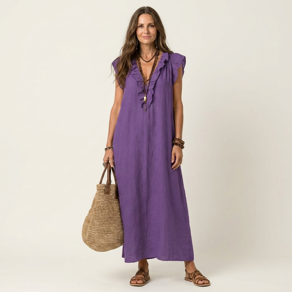 Josette Leinen-Maxikleid mit Rüschen-V-Ausschnitt für Damen – Ansicht 15
