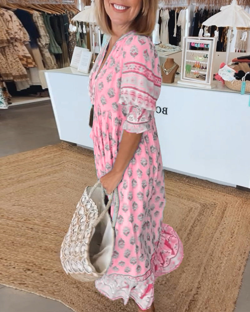 Damen Boho Print Midikleid mit V-Ausschnitt