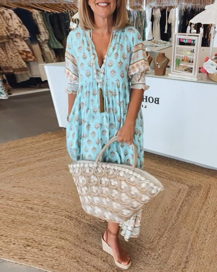 Damen Boho Print Midikleid mit V-Ausschnitt