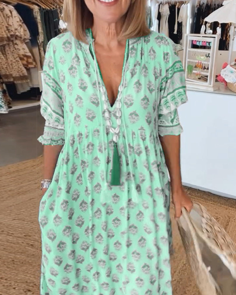 Damen Boho Print Midikleid mit V-Ausschnitt