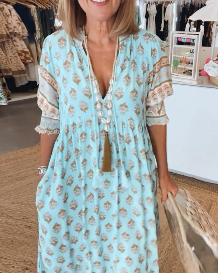 Damen Boho Print Midikleid mit V-Ausschnitt