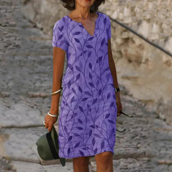 Damen Kleid - V-Ausschnitt mit Blattdruck und kurzen Ärmeln | Sommer Casual