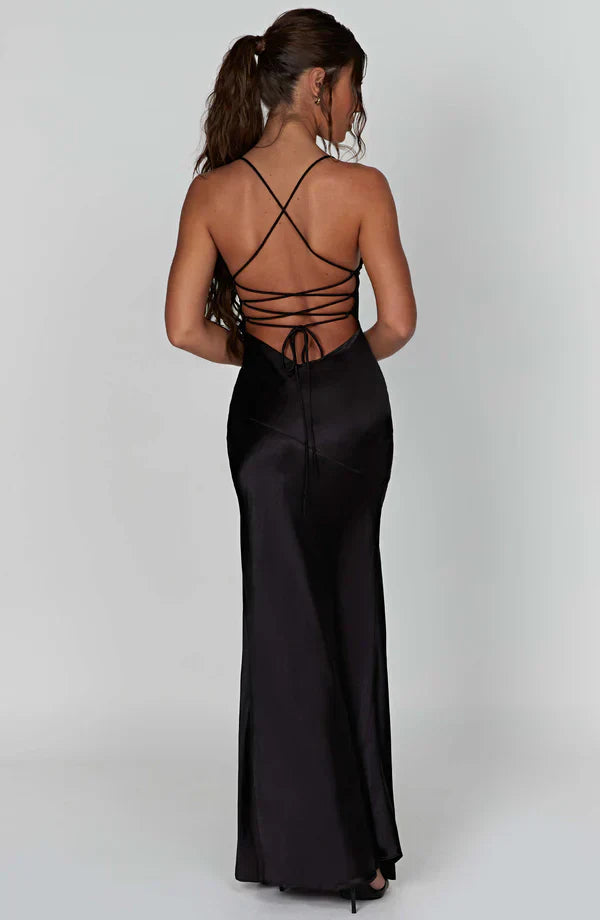 Damen Cocktail Satin V-Ausschnitt Maxikleid mit Schlitz