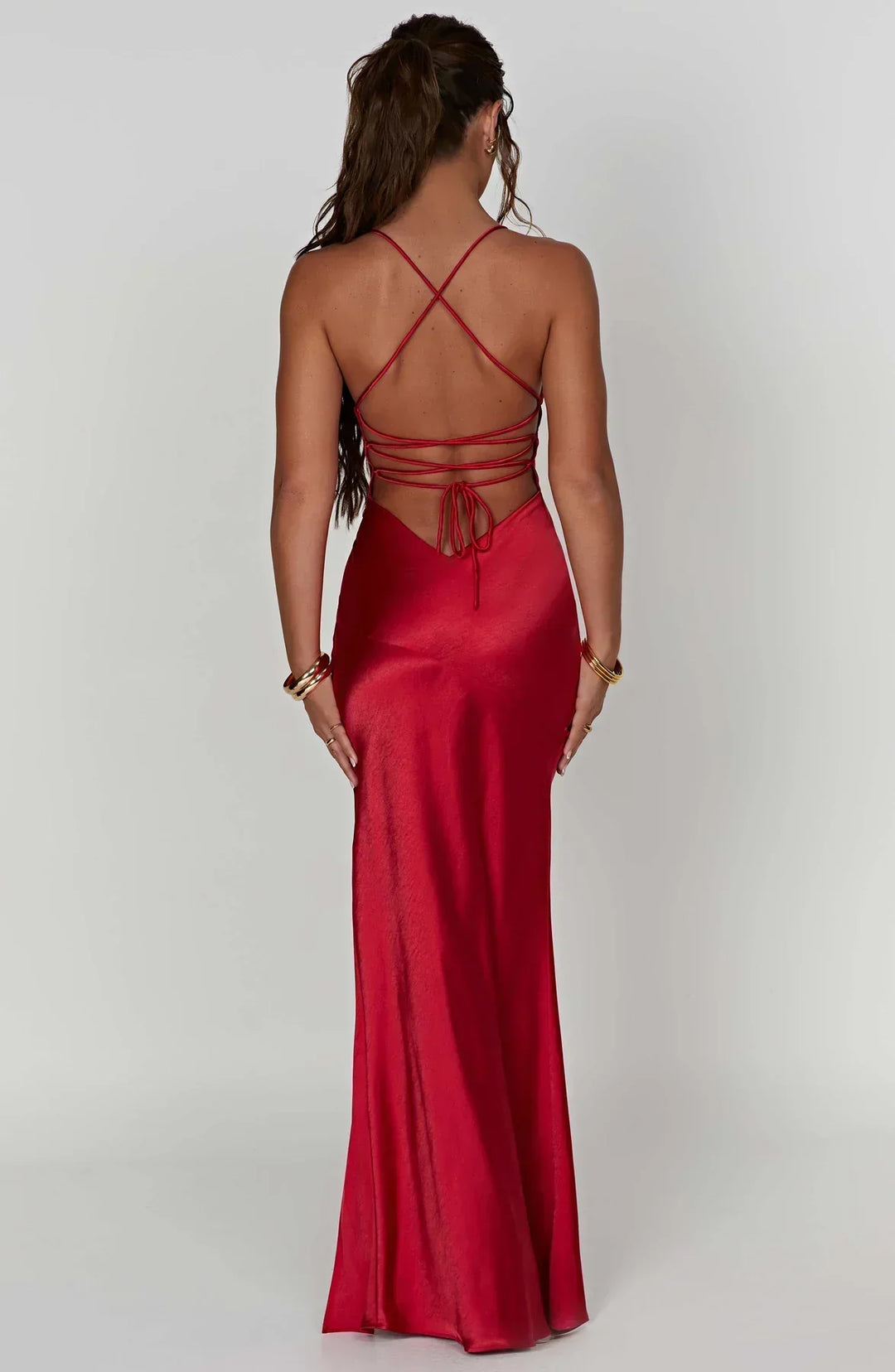 Damen Cocktail Satin V-Ausschnitt Maxikleid mit Schlitz