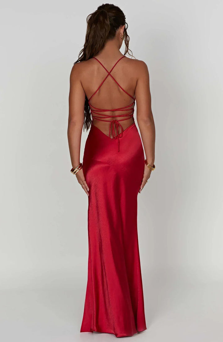 Damen Cocktail Satin V-Ausschnitt Maxikleid mit Schlitz