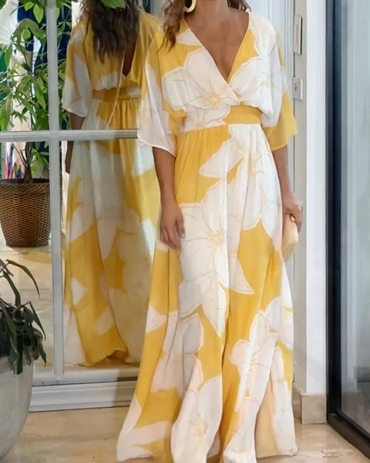 Angela - Übergröße Blumendruck V-Ausschnitt Flatterärmel Maxikleid