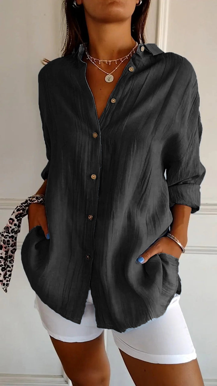 Barbara - Damen Oversized Crinkle Leinen Knopfhemd