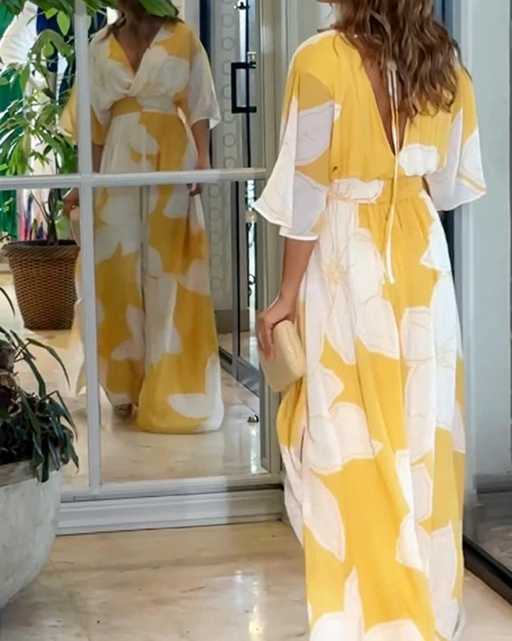Angela - Übergröße Blumendruck V-Ausschnitt Flatterärmel Maxikleid