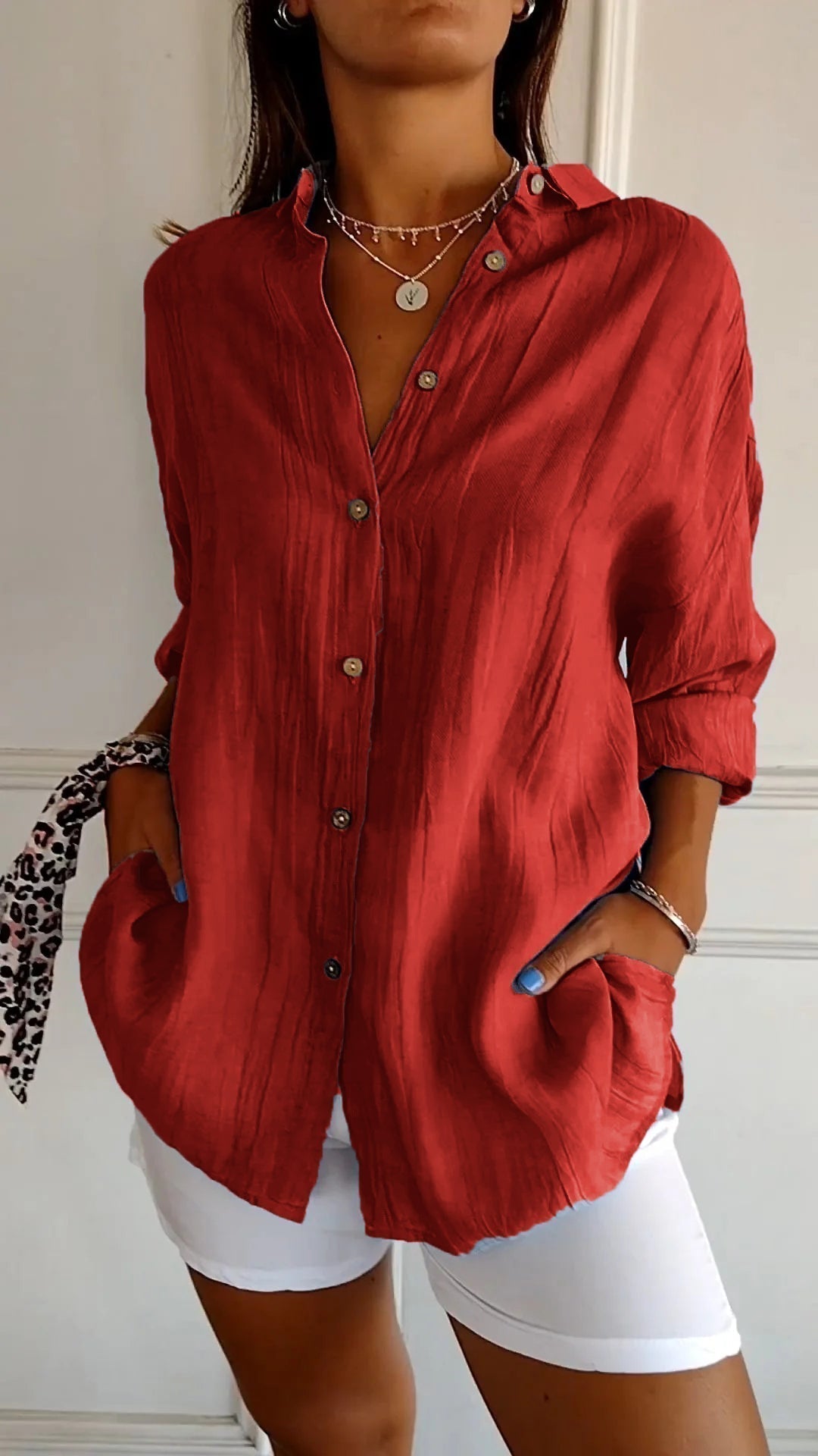 Barbara - Damen Oversized Crinkle Leinen Knopfhemd