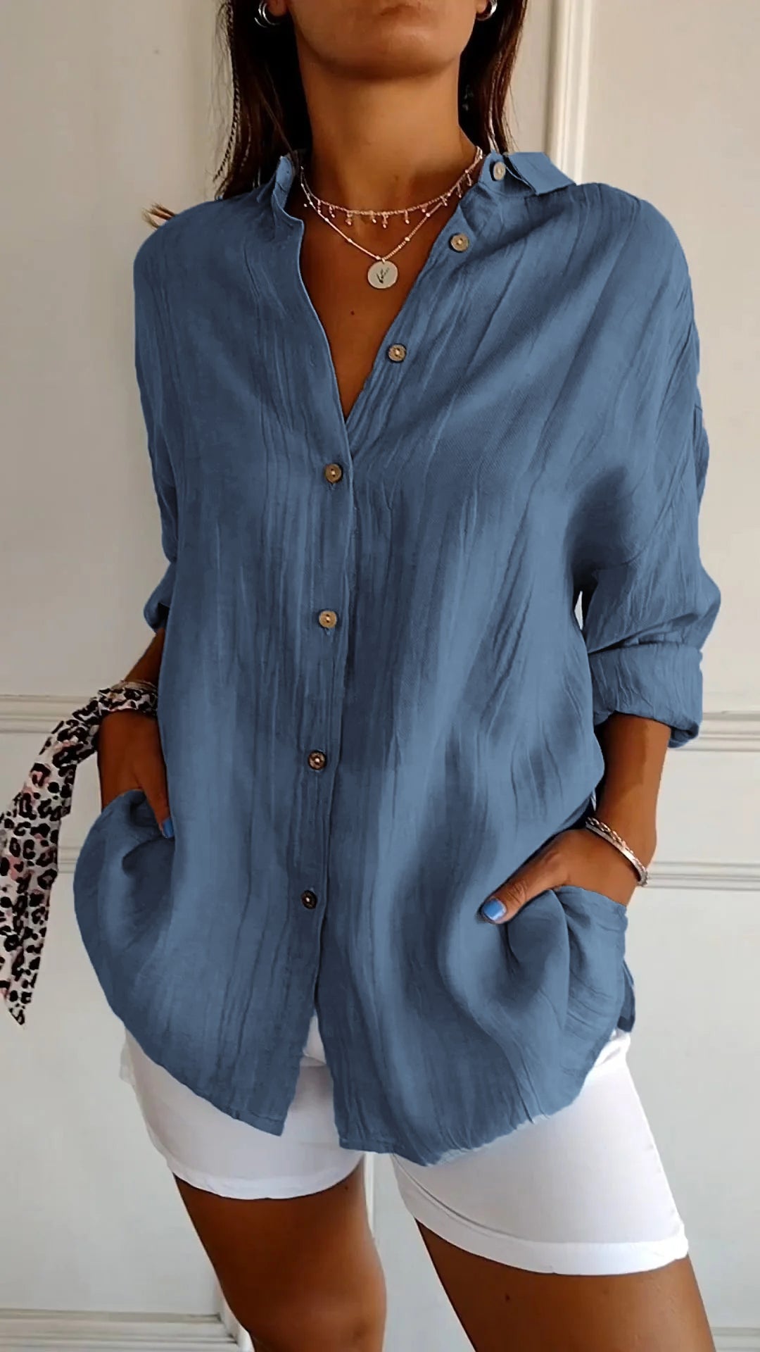 Barbara - Damen Oversized Crinkle Leinen Knopfhemd