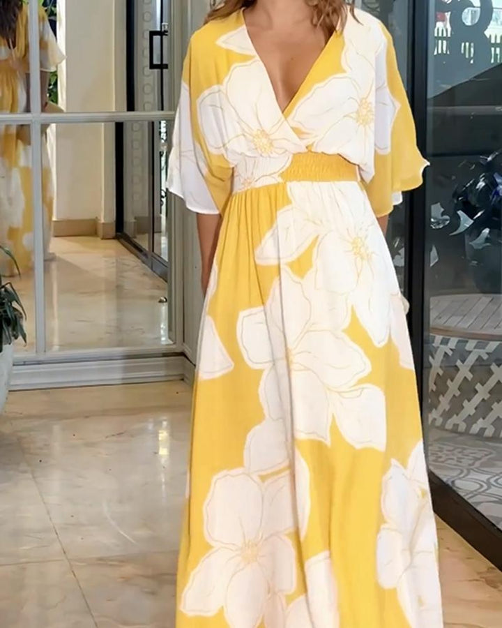 Angela - Übergröße Blumendruck V-Ausschnitt Flatterärmel Maxikleid