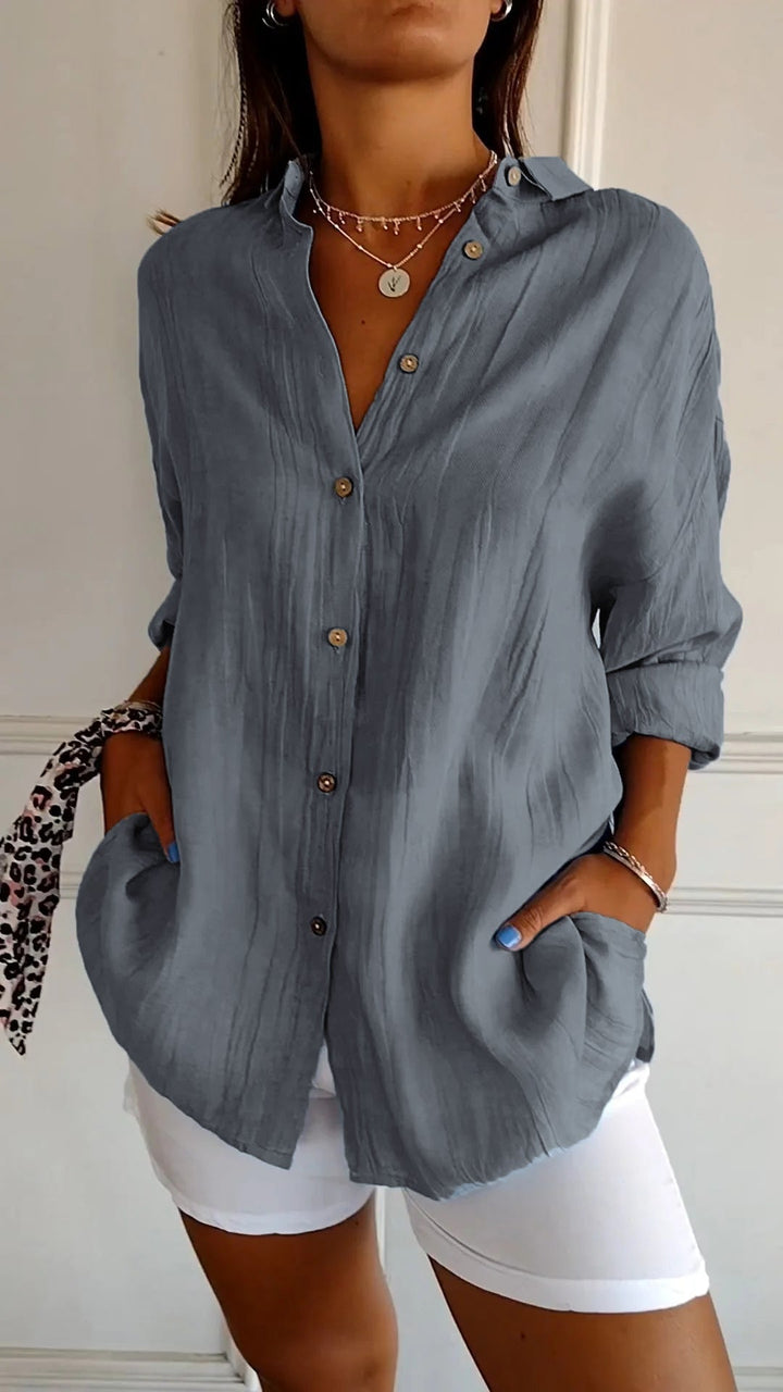 Barbara - Damen Oversized Crinkle Leinen Knopfhemd