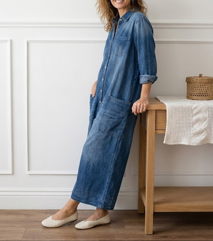 Diana Vintage-Jumpsuit aus Denim mit Knopfleiste von Maria Zürich — Seitenansicht