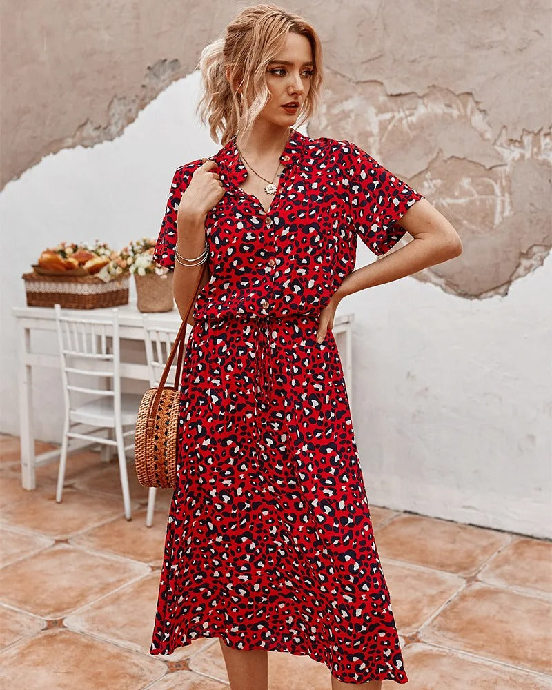 Elizabeth - Damen Midi-Hemdkleid mit Tierdruck und kurzen Ärmeln