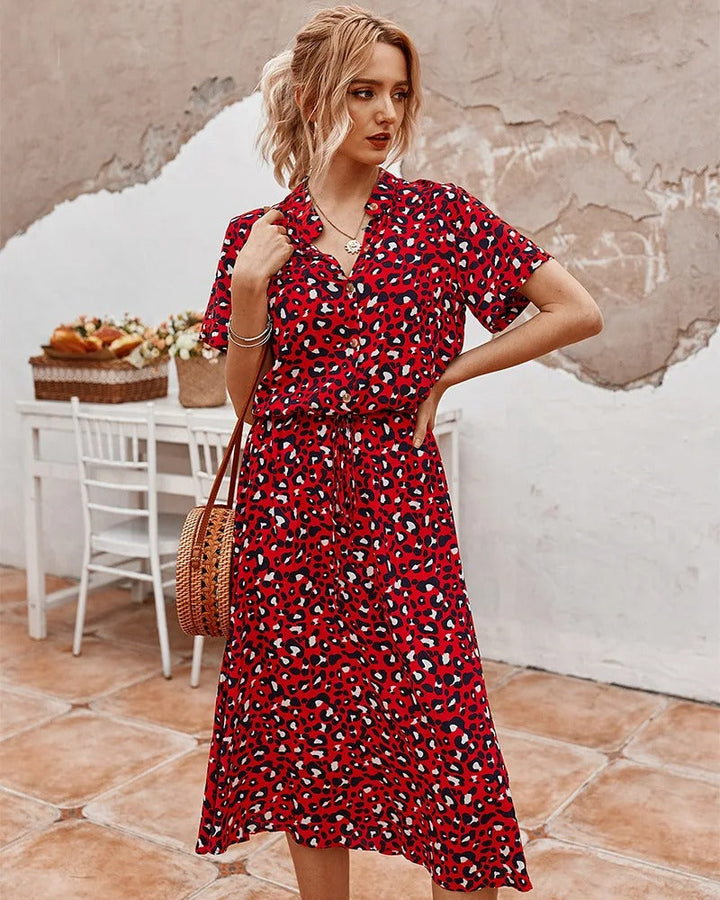Elizabeth - Damen Midi-Hemdkleid mit Tierdruck und kurzen Ärmeln