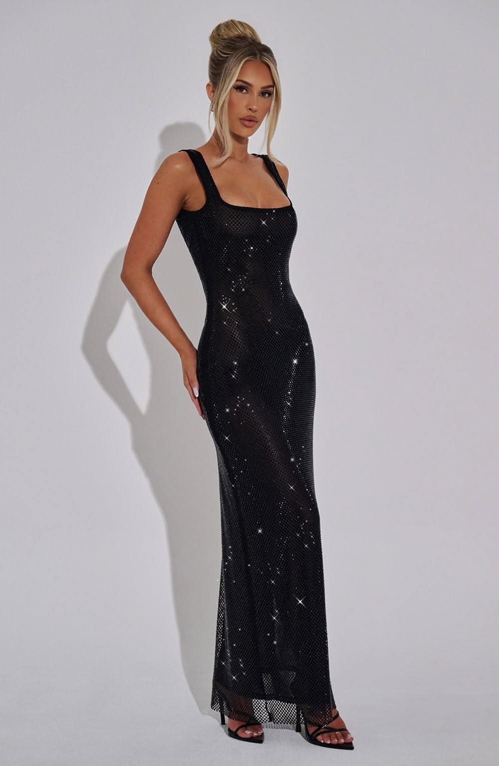 Damen Prom Kleid mit Strass, Quadrat-Ausschnitt, Maxikleid