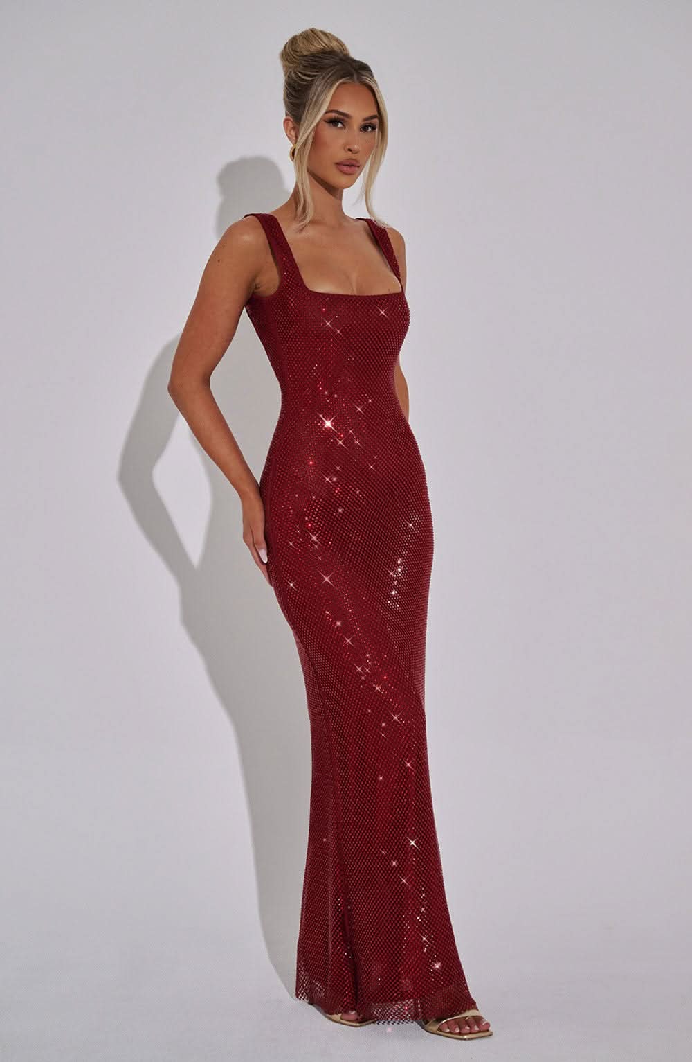 Damen Prom Kleid mit Strass, Quadrat-Ausschnitt, Maxikleid