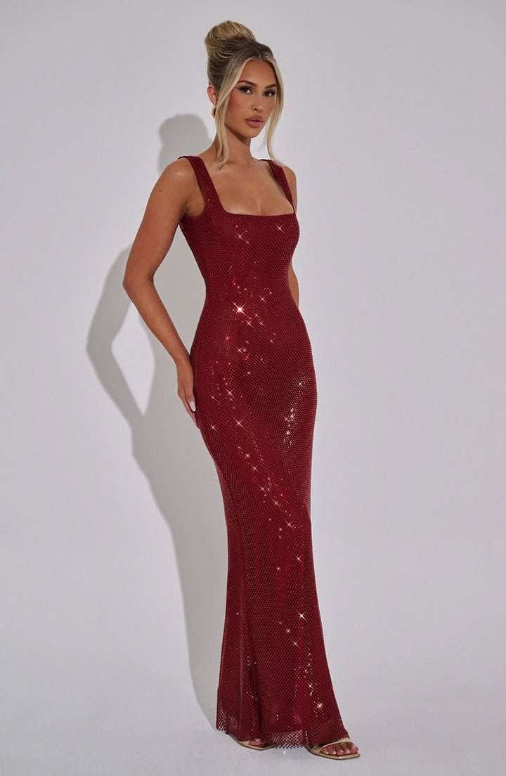 Damen Prom Kleid mit Strass, Quadrat-Ausschnitt, Maxikleid
