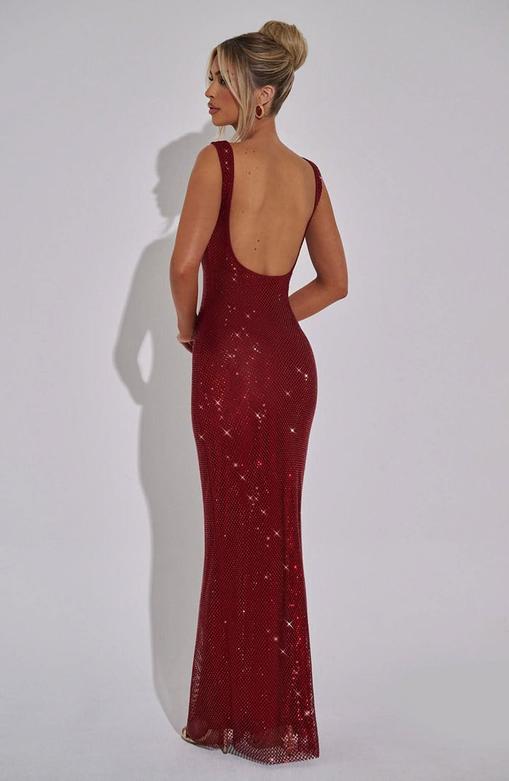 Damen Prom Kleid mit Strass, Quadrat-Ausschnitt, Maxikleid