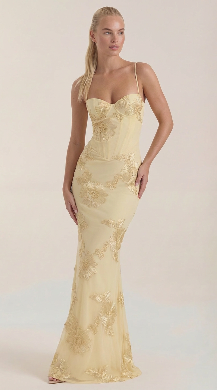 Chantal Korsett Maxi-Abendkleid mit Blumenmuster