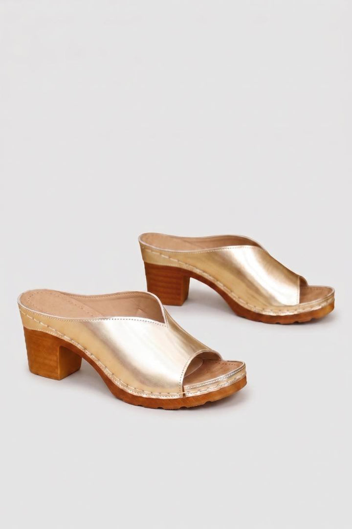 Damen Slipper mit Blockabsatz in Gold und Silber Metallic