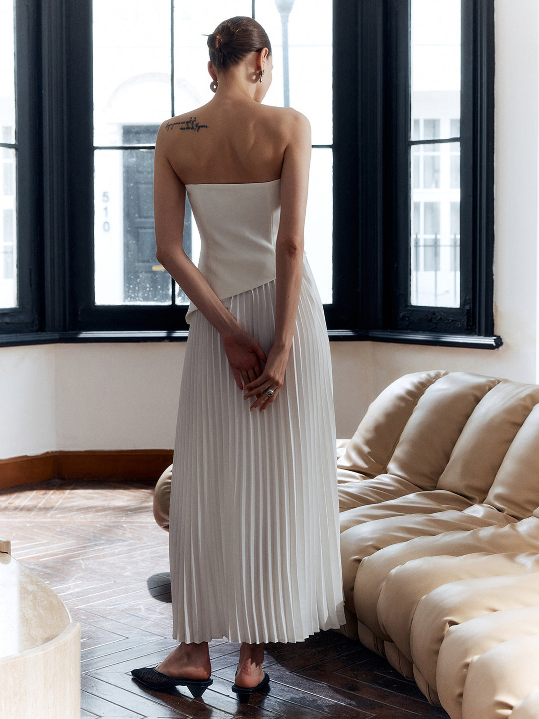 Wien | Damen Trägerloses Falten-Maxikleid mit Seitenschlitz