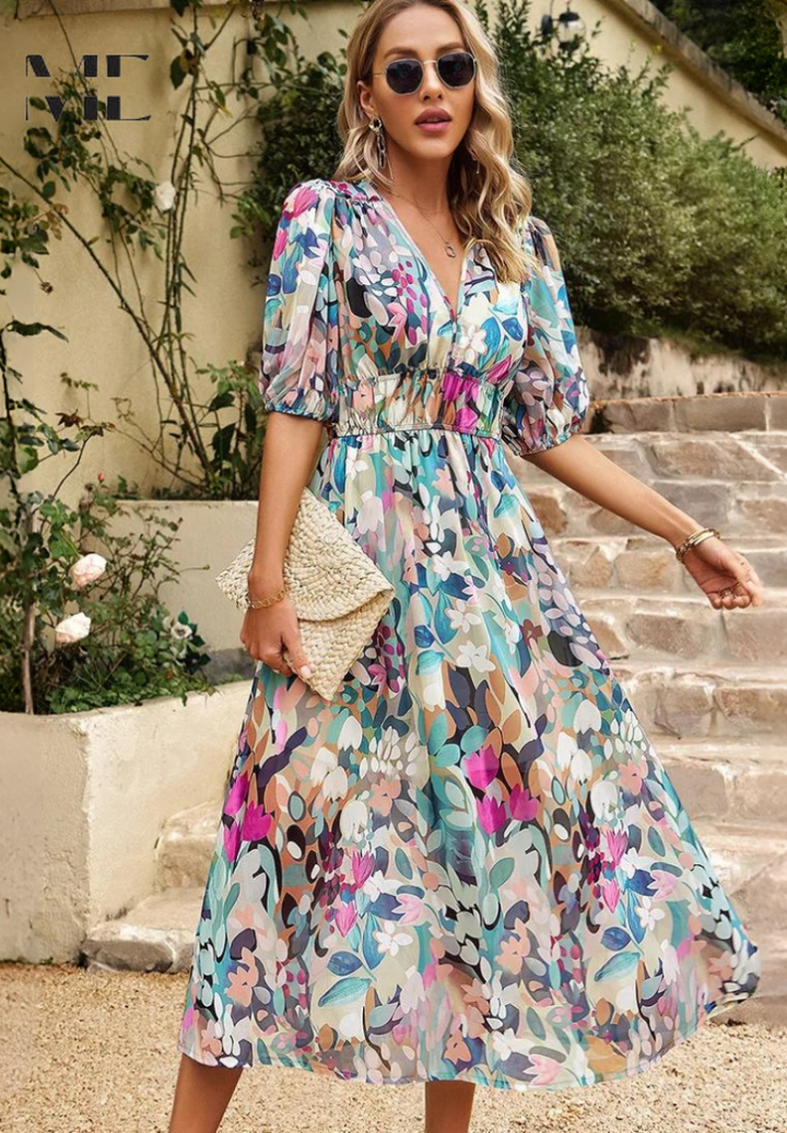 Damen Blumenv-Ausschnitt Midi Hochzeitsgastkleid