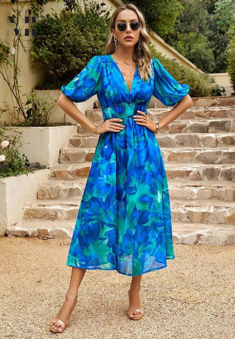 Damen Blumenv-Ausschnitt Midi Hochzeitsgastkleid
