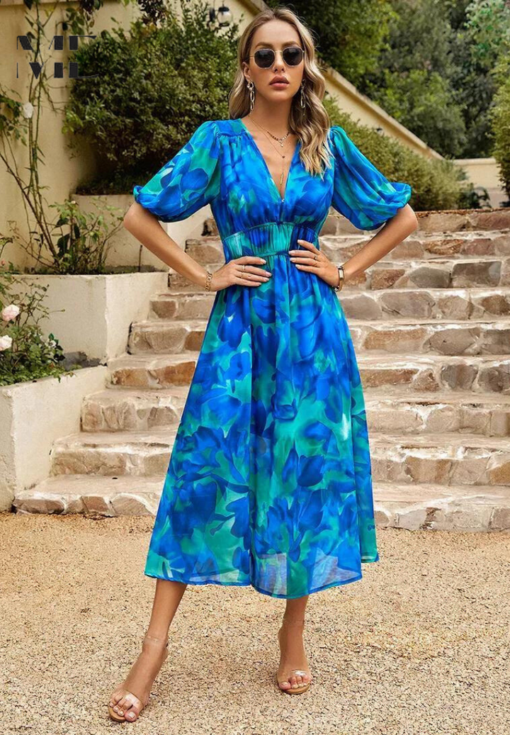 Damen Blumenv-Ausschnitt Midi Hochzeitsgastkleid