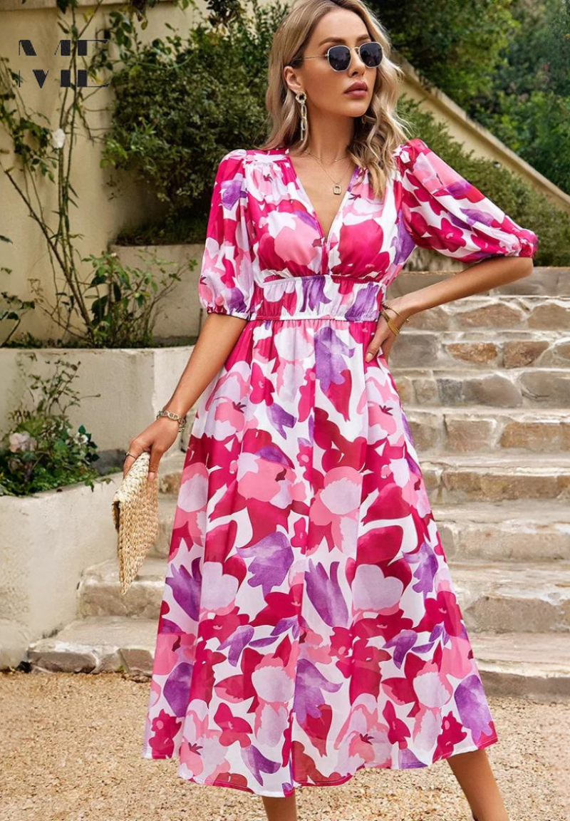 Damen Blumenv-Ausschnitt Midi Hochzeitsgastkleid