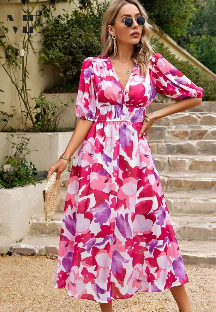 Damen Blumenv-Ausschnitt Midi Hochzeitsgastkleid