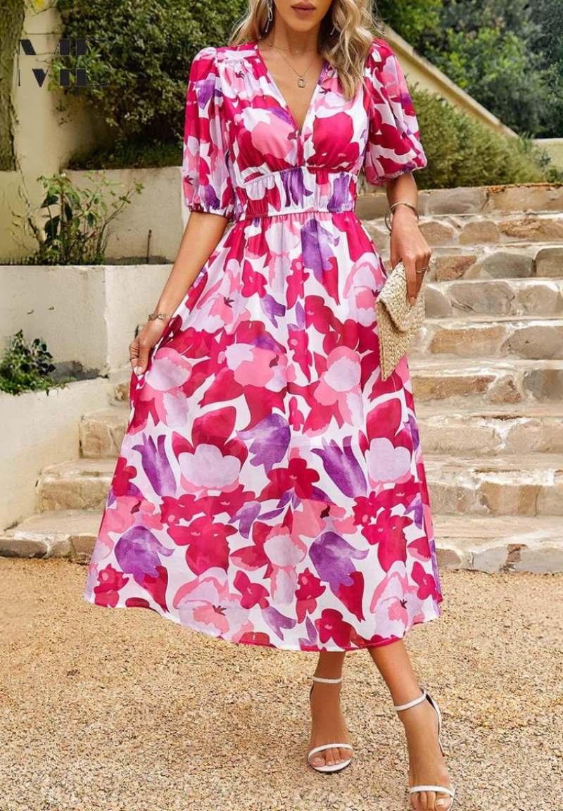 Damen Blumenv-Ausschnitt Midi Hochzeitsgastkleid