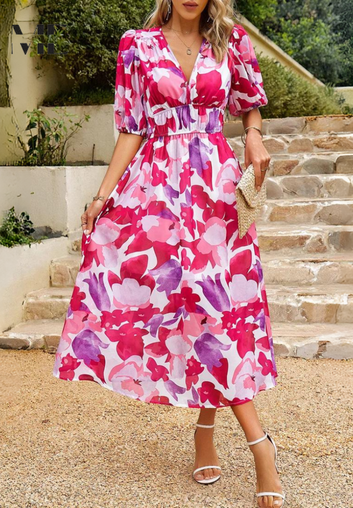 Damen Blumenv-Ausschnitt Midi Hochzeitsgastkleid