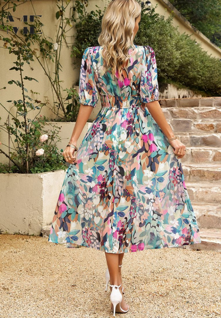 Damen Blumenv-Ausschnitt Midi Hochzeitsgastkleid