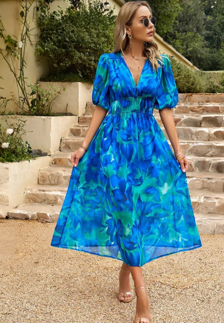 Damen Blumenv-Ausschnitt Midi Hochzeitsgastkleid