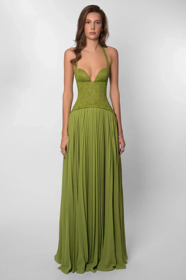 Damen Halter Plissiertes Maxi Hochzeitsgastkleid