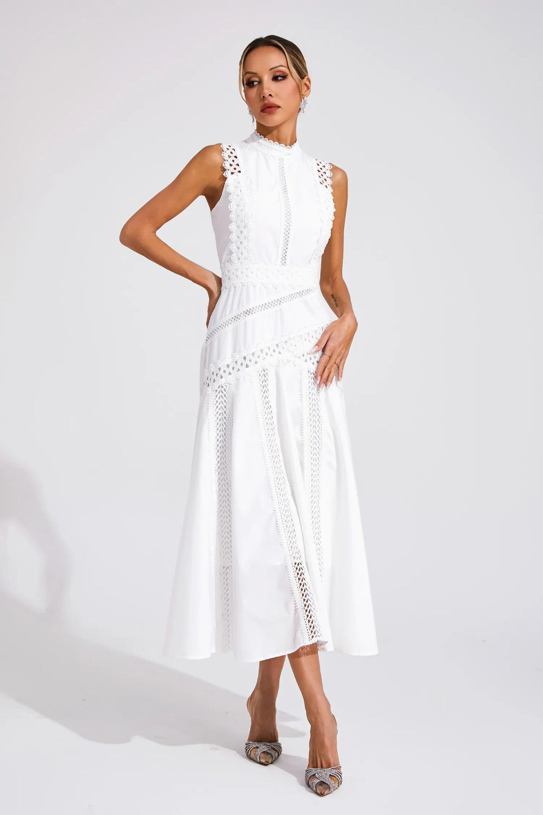 Damen Ärmelloses Spitzen Midi Hochzeitsgastkleid