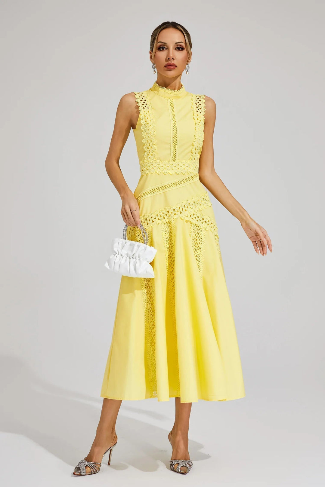 Damen Ärmelloses Spitzen Midi Hochzeitsgastkleid