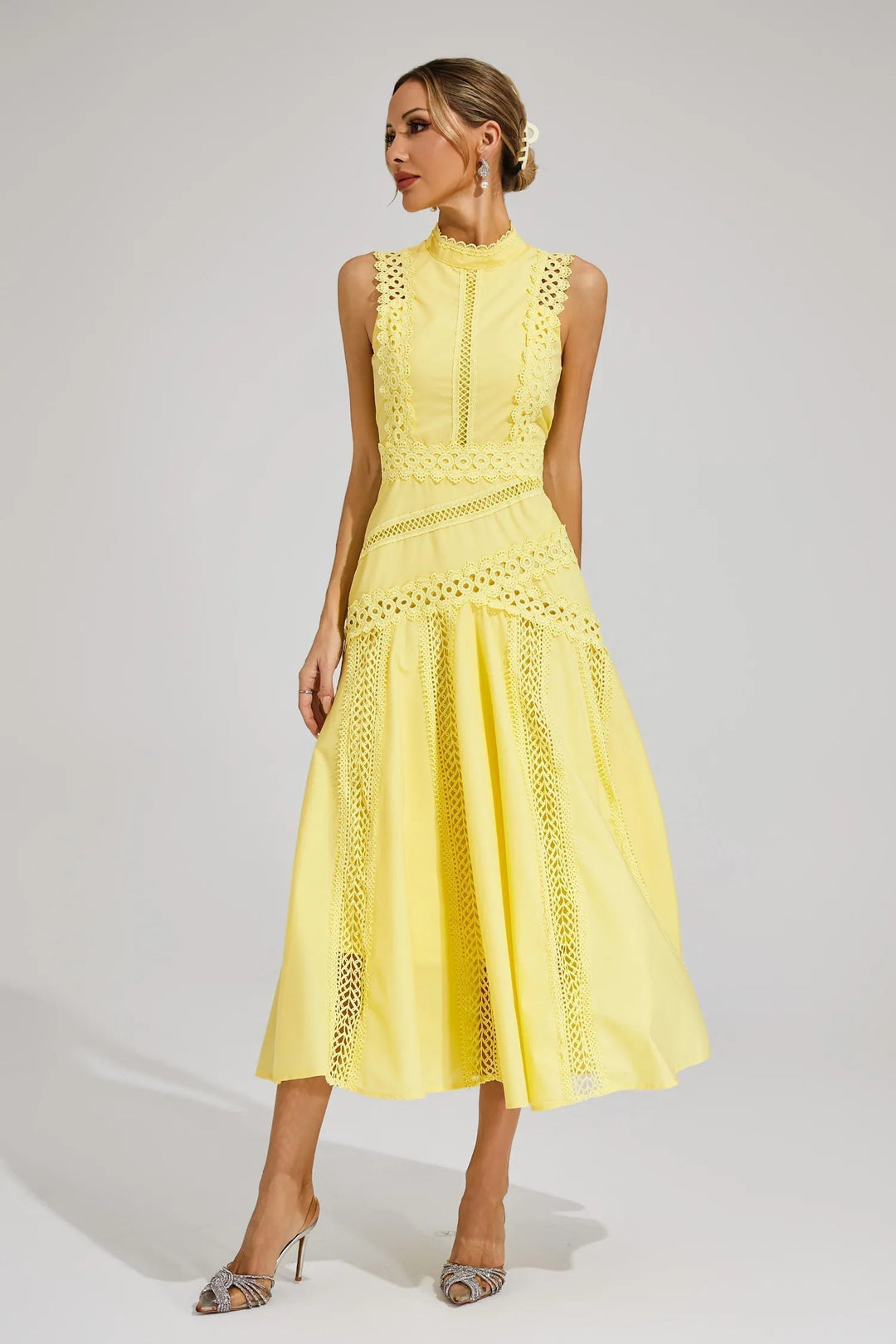 Damen Ärmelloses Spitzen Midi Hochzeitsgastkleid
