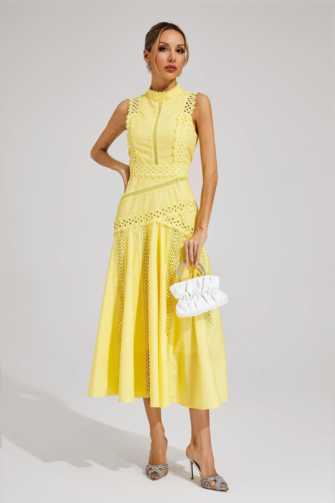 Damen Ärmelloses Spitzen Midi Hochzeitsgastkleid