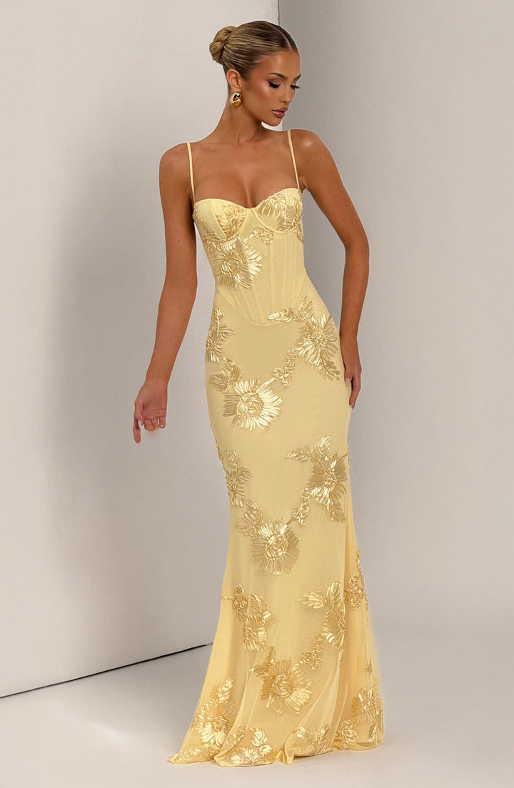 Damen Maxi Hochzeitsgastkleid mit floralem Stickerei